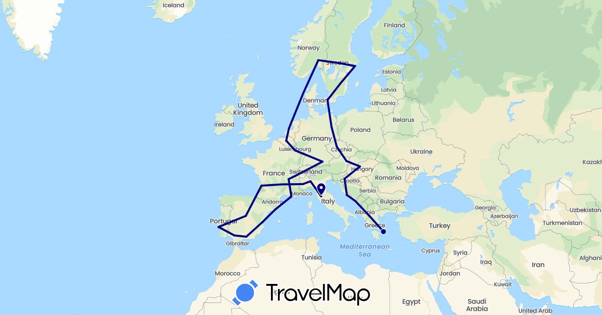 TravelMap itinerary: driving in Austria, Belgium, Switzerland, Czech Republic, Germany, Denmark, Spain, France, Greece, Croatia, Hungary, Italy, Luxembourg, Netherlands, Norway, Portugal, Sweden (Europe)